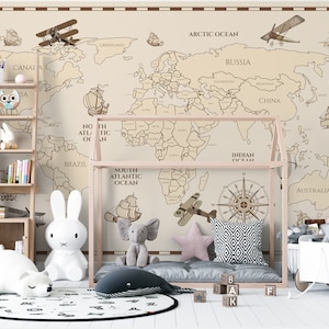 Fondo de pantalla del mapa mundial. Mural del mapa mundial. Fotomural habitación infantil Aviones. Papel pintado retro para niños. Fondo de pantalla personalizable. Fondo de pantalla extraíble.