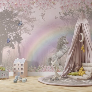 Magical Forest Unicorn Wallpaper Customizable Kids Mural Nursery Fairy Tale Mural Children Mystic Wallpaper Occult Forest Kids Room Mural