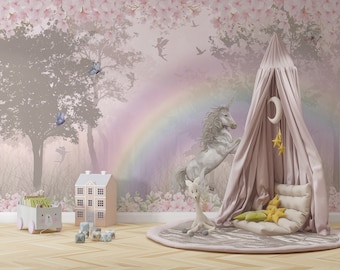 Magical Forest Unicorn Wallpaper Customizable Kids Mural Nursery Fairy Tale Mural Children Mystic Wallpaper Occult Forest Kids Room Mural