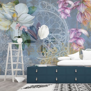 Gothic Magnolia Flower Mural Wallpaper: Removable Arches Wall Decor