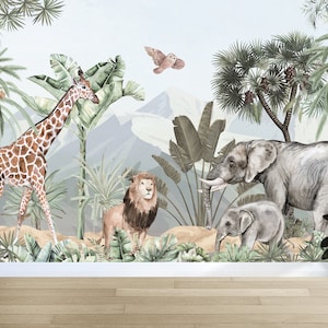 Animal Kingdom vivero fondo de pantalla acuarela bosque niños mural vivero safari animales fondo de pantalla, niños selva fondo de pantalla, mural de la selva