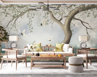 Chinoiserie Blossom Tree Wallpaper: Crane Birds Wall Mural