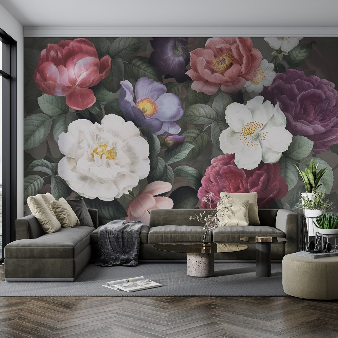 Peony Wallpaper Mural: Watercolor Floral, Vintage Design, Easy ...