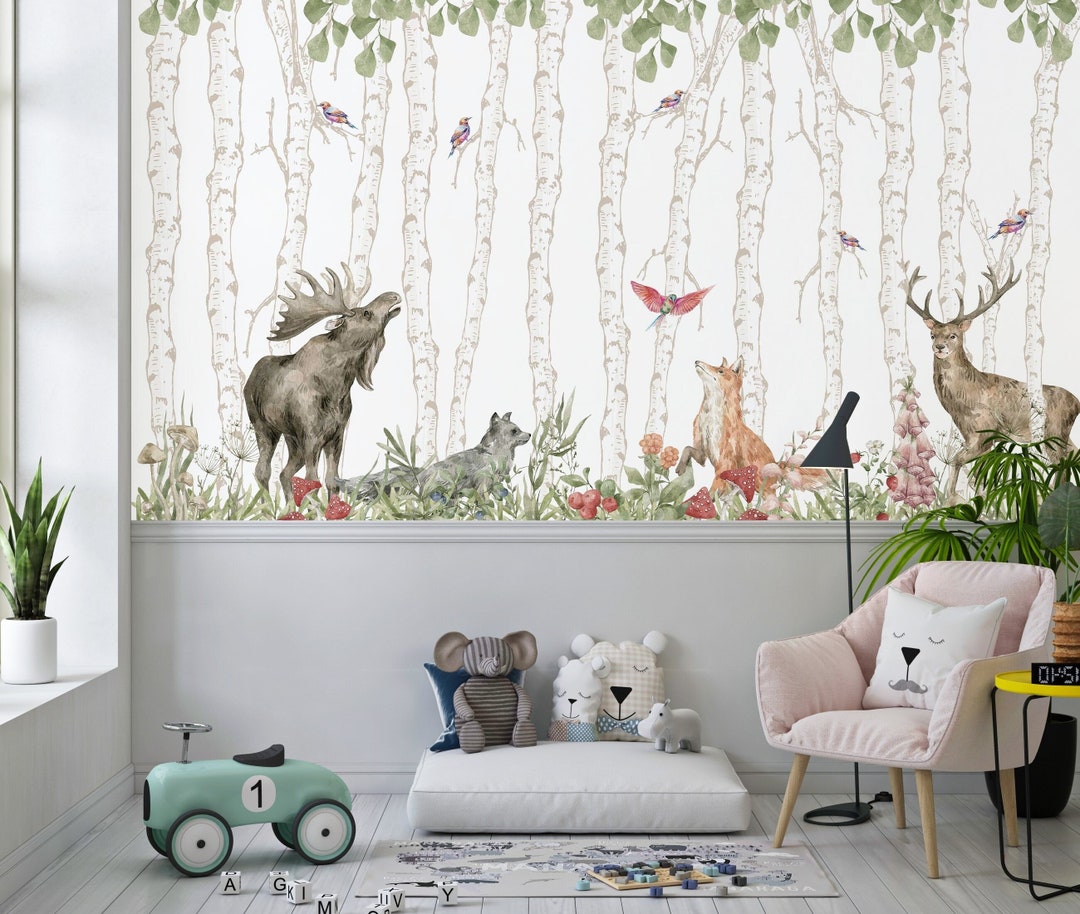 Birch Forest Nursery Wallpaper: Watercolor Animal Kingdom Mural - Etsy