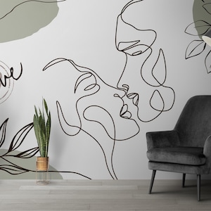 Carta da parati moderna di metà secolo a tema amore, murale astratto boho personalizzabile, carta da parati facilmente rimovibile, arredamento per camera da letto boho