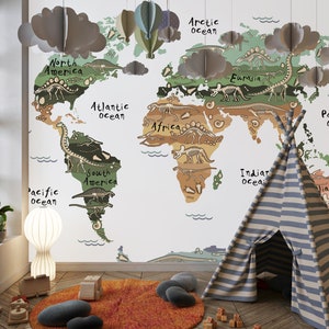 Aquarel dinosaurussen kaartbehang Jurassic World Map kindermuurschildering archeologische opgraving ontdekking kinderkamer muurschildering muurschildering wereldkaart