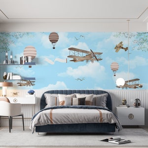 Aviones retro vivero fondo de pantalla festival de aviones niños pared mural globos aerostáticos niños fondo de pantalla cielo fondo de pantalla sala de juegos mural cielo cartel