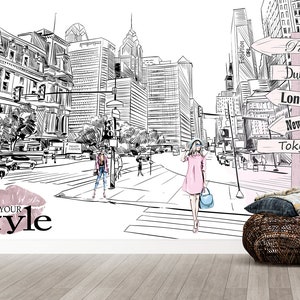 Modern Boutique Wallpaper Woman Fashion Mural City Wallpaper Customizable Office Wallpaper Women Models Wallpaper Stylish Woman Home Decor