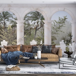 Ancient Greek Garden Wallpaper. Ancient Roman Columns Botanical Forest Landscape Easy Removable Wall Mural. Ancient Arches Wallpaper
