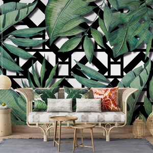 Sfondo di foglie grandi. Sfondo geometrico tropicale murale. Carta da parati tropicale. Murale di piante verdi. Carta da parati rimovibile. Sfondo di Monstera