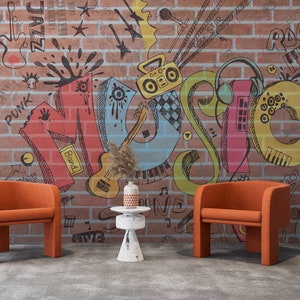 Music Graffiti Wallpaper: Brick Pattern Cafe Mural