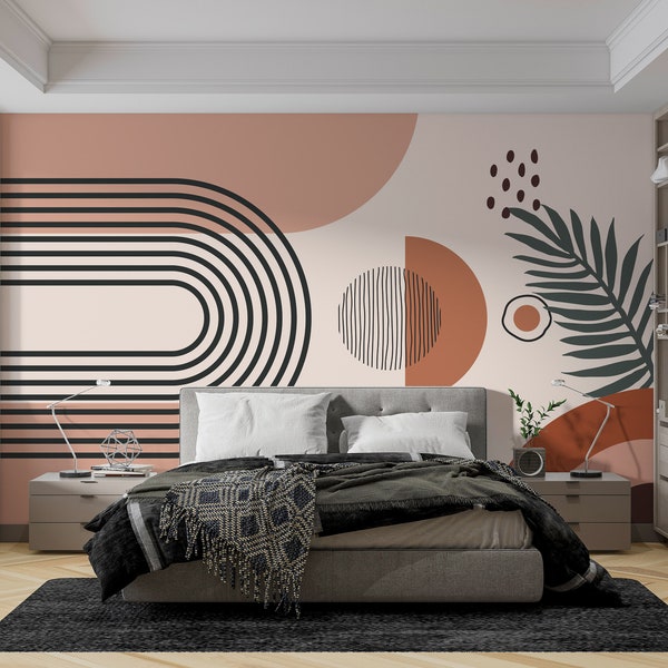 Mid Century Modern Tapete. Retro, Vintage, Boho Designs Personalisierbares Wohnzimmer Wandbild