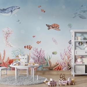 Carta da parati acquerello oceano. Carta da parati sottomarina Carta da parati per bambini con vita marina Carta da parati murale oceano Carta da parati per bambini sottomarini Carta da parati murale per bambini con oceano