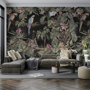 Papel tapiz de bosque profundo. Mural de pared de plantas tropicales. Papel tapiz tropical. Mural de leones. Papel tapiz extraíble. Papel tapiz de selva tropical.