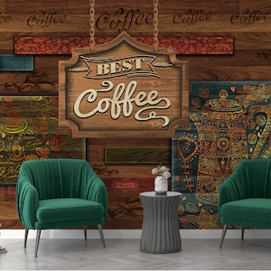 Hölzerne Muster Cafe Tapete fürs Wohnzimmer. Personalisierbares Coffee Shop Wandbild, Country Style Coffee Wallpaper. Retro Cafe Wandbild. Kaffee Wandbild