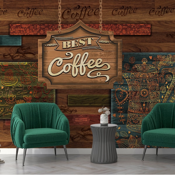 Wooden Pattern Cafe Wallpaper. Personalizable Coffee Shop Mural, Country Style Coffee Wallpaper. Retro Cafe Mural. Coffee Mural