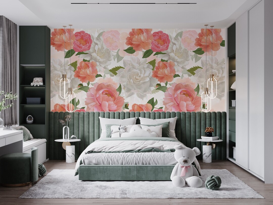 Watercolor Peony Floral Wallpaper Mural: Soft Colors, Easy Removable - Etsy