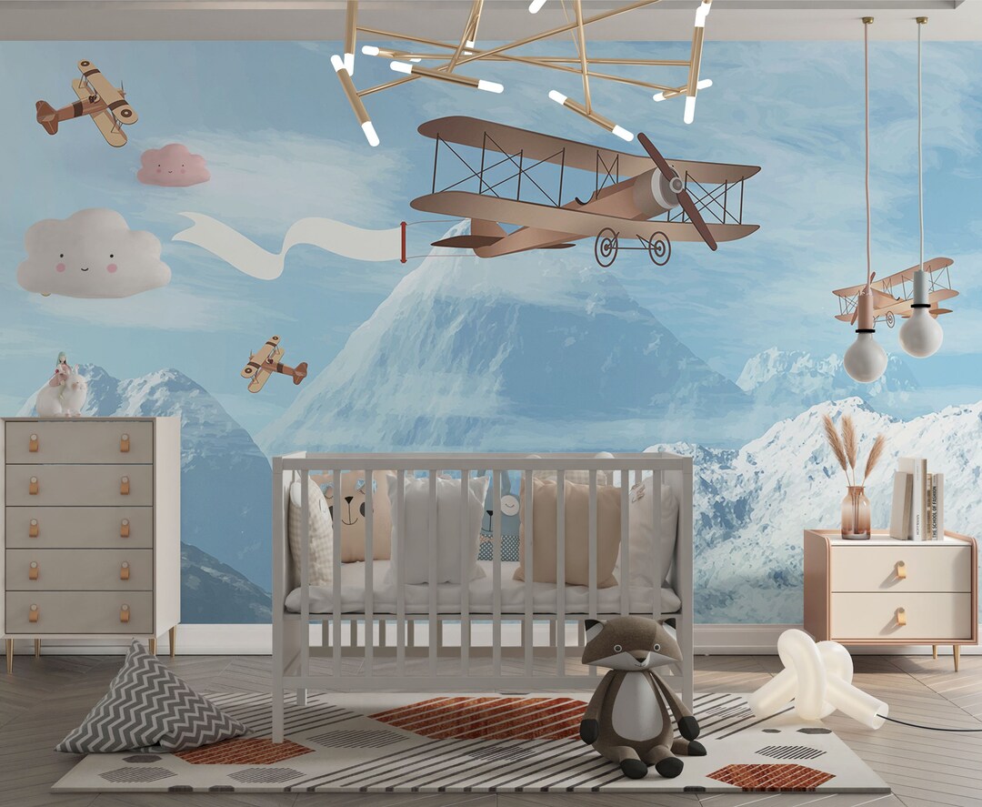 Watercolor Airplane Nursery Wallpaper: Retro Mountain Mural, Removable ...