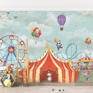 Retro Animal Circus Nursery Wallpaper. Customizable Vintage Circus Removable Kids Room Mural.