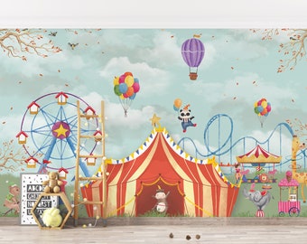 Retro Animal Circus Nursery Wallpaper. Customizable Vintage Circus Removable Kids Room Mural.