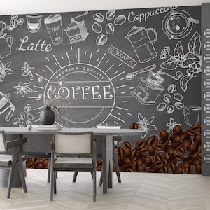 Coffee Shop Wallpaper. Customizable Coffee Corner Kitchen Wallpaper, Grey Background Cafe Mural. Easy Removable Wallpaper