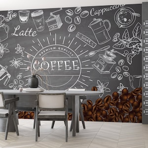 Sfondo di una caffetteria. Carta da parati personalizzabile per la cucina dell'angolo caffè, murale del caffè con sfondo grigio. Carta da parati facilmente rimovibile