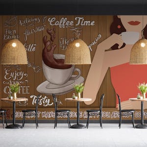 Carta da parati elegante per caffetteria, motivo rimovibile per donna, cucina, murale per caffetteria, carta da parati boho, carta da parati moderna, murale personalizzabile per caffetteria
