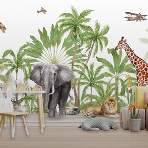 Tropisches Abenteuer Kinder Wandbild Safari Tiere Wandkunst Kinder Schlafzimmer Dschungel Wandbespannung Anpassbare Kinder Dekor Tier Kinderzimmer Tapete
