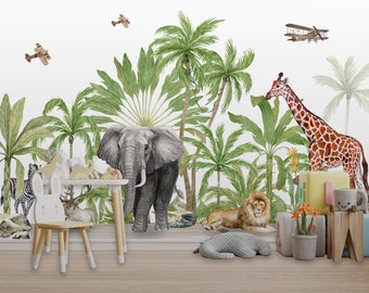 Mural de papel tapiz de animales de safari: decoración infantil de selva tropical
