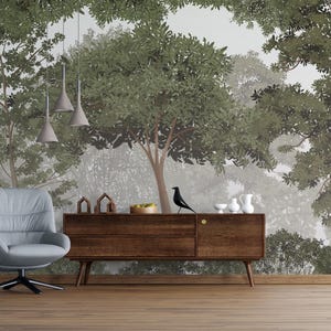 Papel tapiz de bosque brumoso con acuarela, mural de pared con paisaje, papel tapiz extraíble fácil, mural de jungla, papel tapiz personalizable y de tamaño personalizado