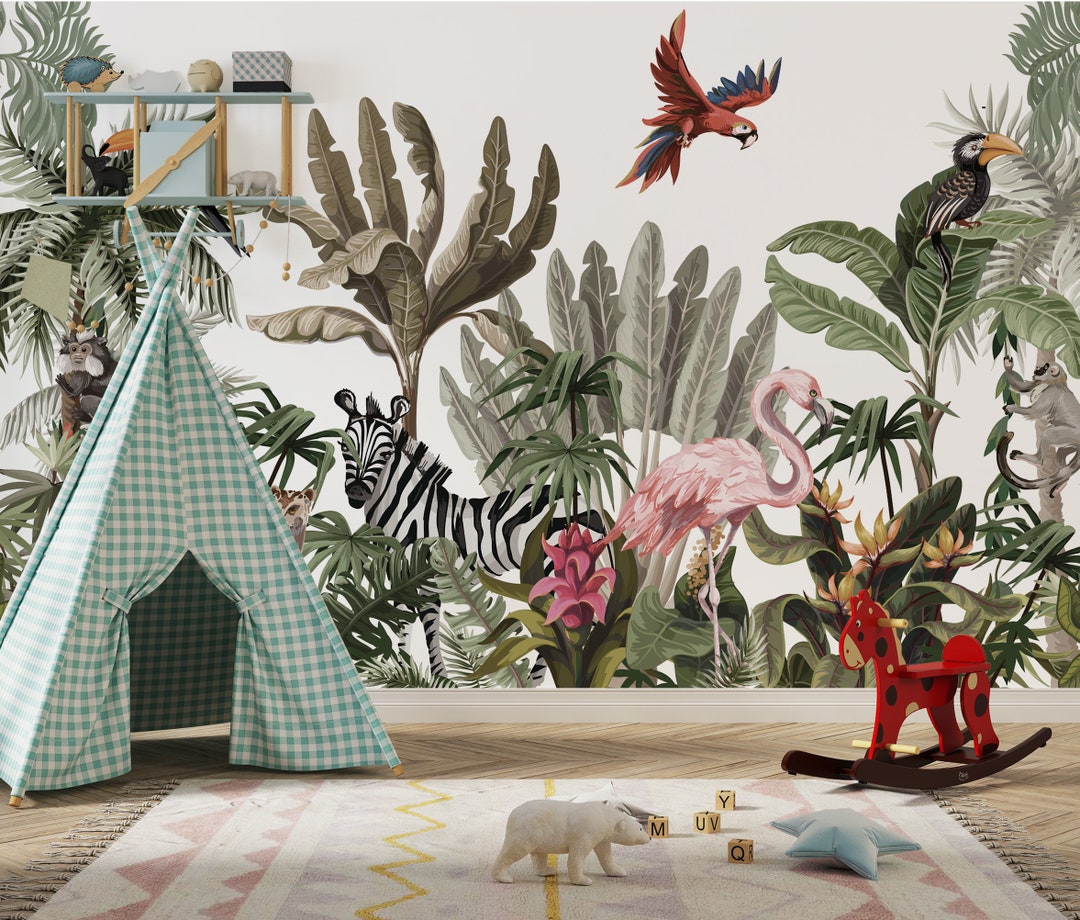 Animal Kingdom Nursery Mural. Watercolor Forest Kids Mural. Etsy