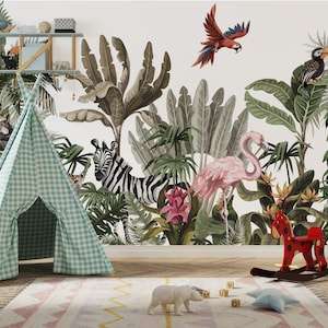 Mural infantil Reino Animal. Mural infantil Bosque de acuarela. Fondo de pantalla de guardería de animales de Safari. Fondo de pantalla de niños de la selva. Papel pintado removible