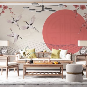 Chinoiserie Tapete. Japanische Kraniche Wandbild. Kirschblüten Wallpaper. Abnehmbare Tapete. Kranich Vögel Wallpaper. Chinoiserie Wandbild