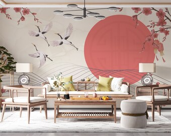Chinoiserie Crane Wallpaper Mural: Japanese Cherry Blossom Wall Art