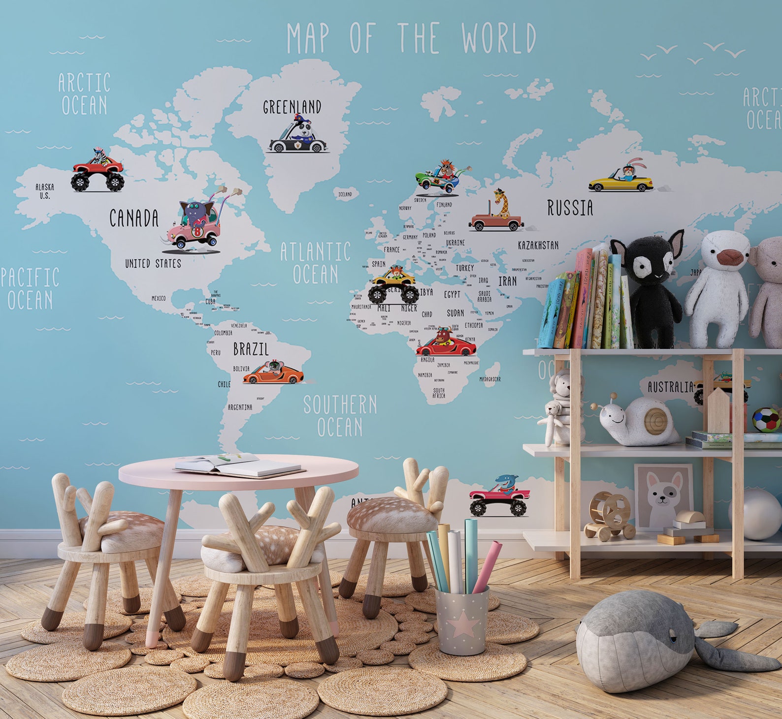 World Map Nursery Wallpaper Customizable World Map Animals Etsy