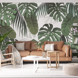 Carta da parati con grandi foglie di Monstera. Elegante murale tropicale. Carta da parati tropicale. Murale con piante tropicali. Carta da parati rimovibile. Rivestimento murale tropicale