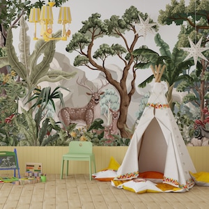 Acuarela Animales Niños Fondo de pantalla Bosque personalizable Niños Mural Vivero Bosque Fondo de pantalla Habitación infantil Selva Fondo de pantalla Fácil mural extraíble