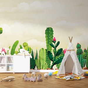 Carta da parati per bambini con cactus. Carta da parati per bambini con cactus del deserto dell'Arizona. Murale per bambini con acquerello. Murale tropicale con sfondo acquerello per bambini