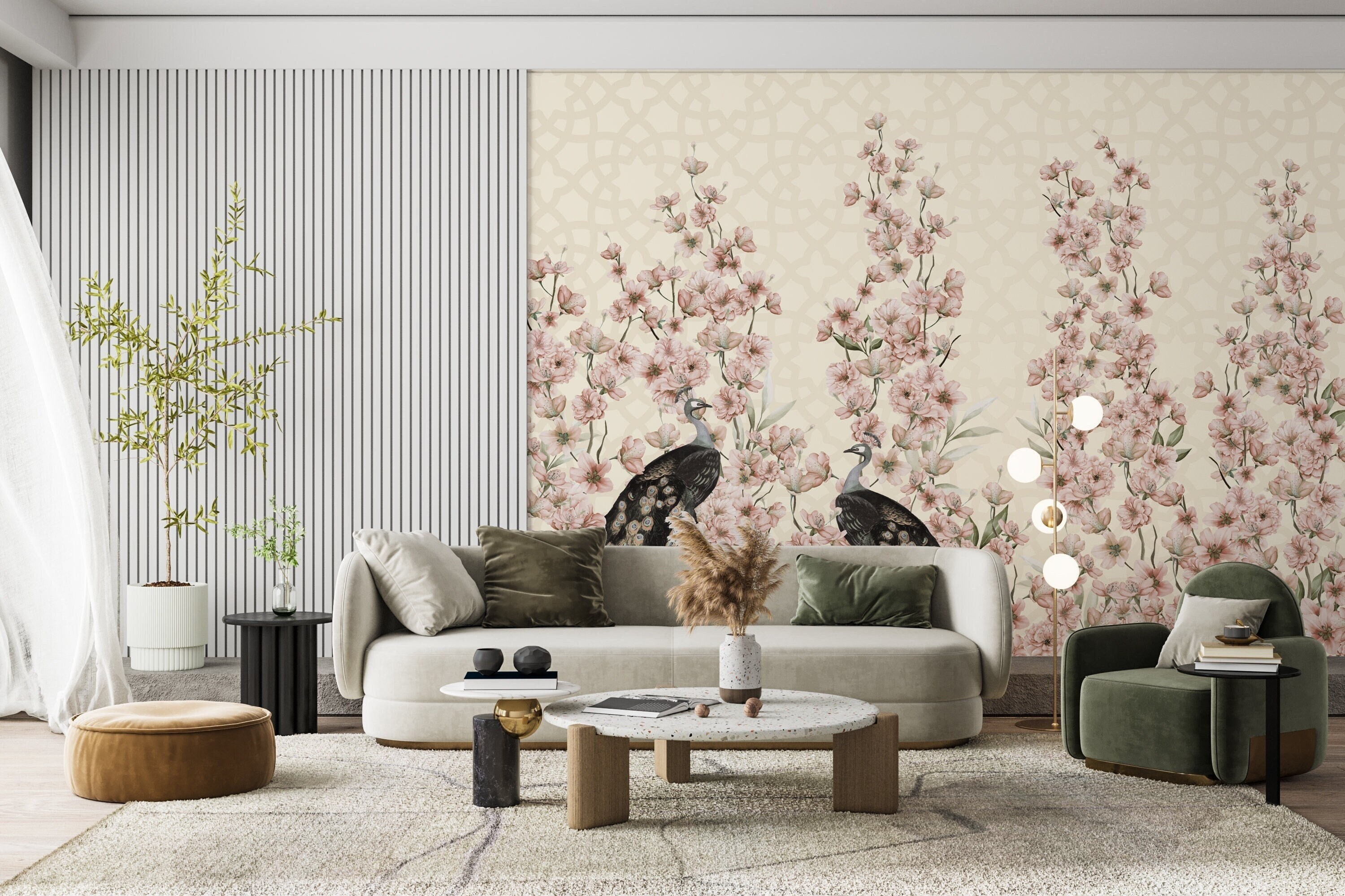 Chinoiserie Wallpaper Mural: Watercolor Cherry Blossom, Peacock (Removable Wallpaper)