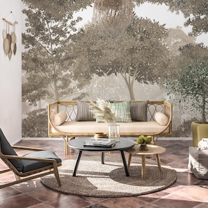Mural de pared con paisaje de bosque brumoso bohemio, papel tapiz extraíble fácil, mural tropical bohemio, papel tapiz personalizable y de tamaño personalizado