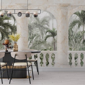 Ancient Roman Columns Wallpaper. Ancient Greek Botanical Wallpaper. Forest Landscape Mural. Easy Removable Mural. Ancient Arches Wallpaper.