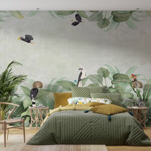 Papel tapiz de hojas exóticas y pájaros tropicales. Mural de pared moderno con plantas tropicales. Papel tapiz fácil de quitar. Papel tapiz tropical. Mural botánico.