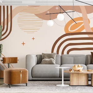 Carta da parati moderna di metà secolo. Retro, Vintage, Boho, murale personalizzabile per il soggiorno. Carta da parati geometrica. Carta da parati Boho Galaxy