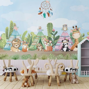 Papel pintado infantil de animales en acuarela. Mural infantil Boho personalizable. Fondo de pantalla fácil de quitar. Fondo de pantalla de tipi indio para guardería.
