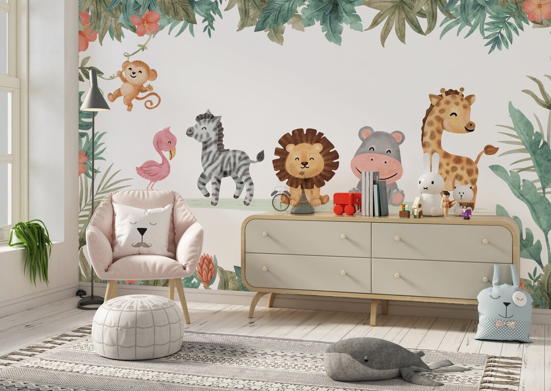 Baby Animals Nursery Wallpaper Watercolor Animals Kids Mural Nursery