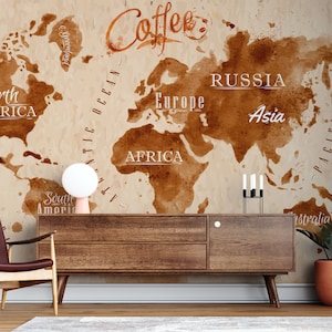 Aquarel koffie wereldkaart behang Coffeeshop behang kaart muurschildering wereld koffie muur decor café behang gemakkelijk verwijderbaar behang