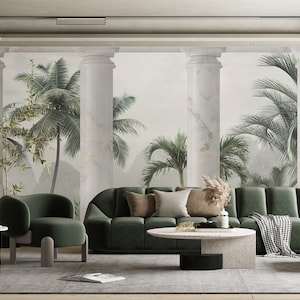 Ancient Greek Columns Wallpaper. Ancient Greek Forest Wallpaper. Ruins Landscape Mural. Easy Removable Mural. Ancient Arches Wallpaper.