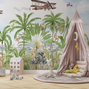 Tropische Kinderzimmer Tapete. Aquarell Safari Tiere Kinderzimmer Wandbild. Dschungel Tapete. Tropische Kindertapete. Tierreich Kinder Wandbild