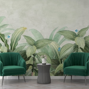 Papel tapiz de hojas de plátano Papel tapiz botánico Papel tapiz extraíble Papel tapiz de jardín Mural de hojas grandes tropicales Mural con patrón de cemento