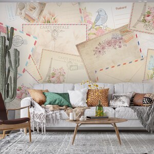 Papel tapiz de letras vintage, mural de pared personalizable con sobres, papel tapiz retro, papel tapiz romántico, decoración de pared con sobres, papel tapiz extraíble